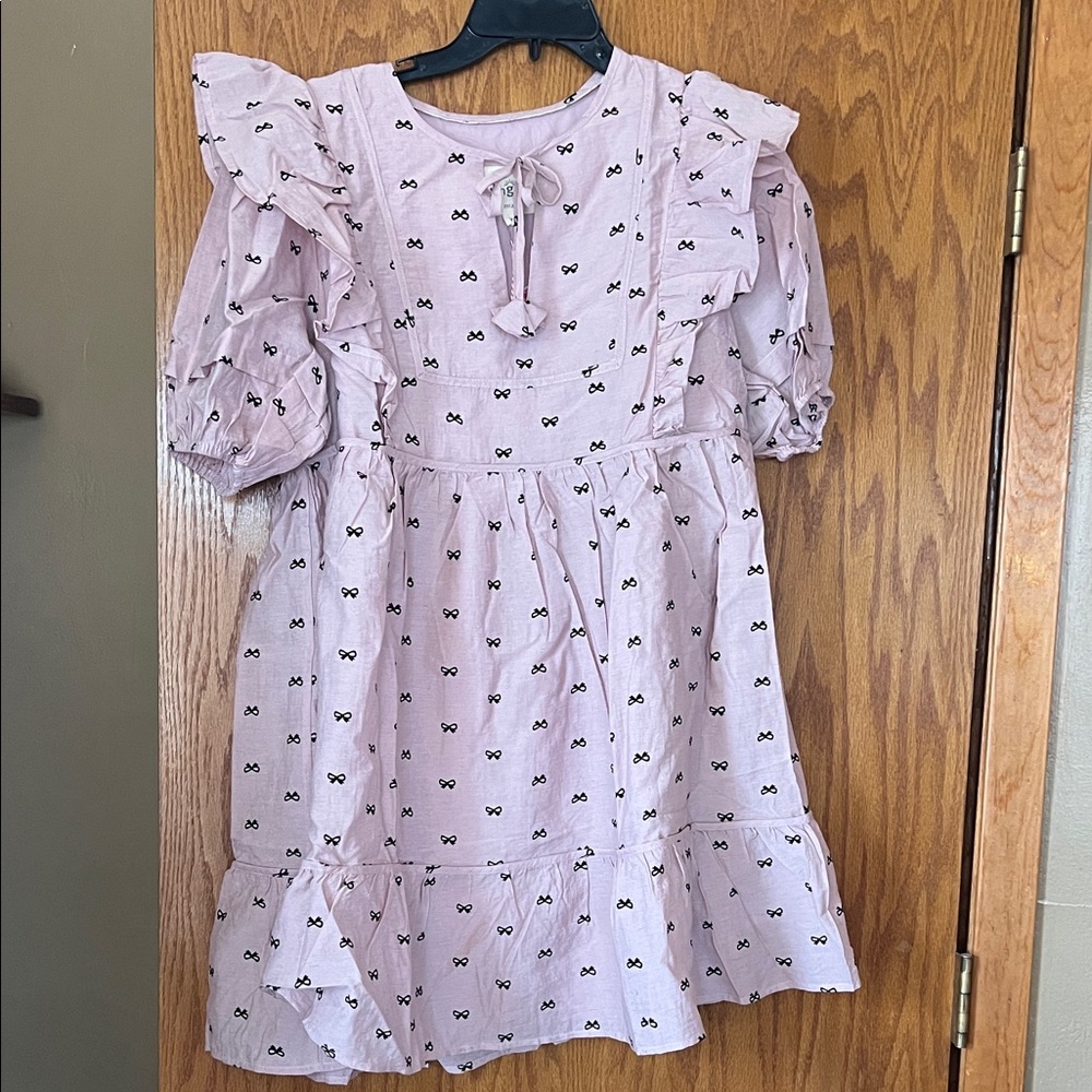 Umgee Light Pink Ruffle Dress with Bow Print